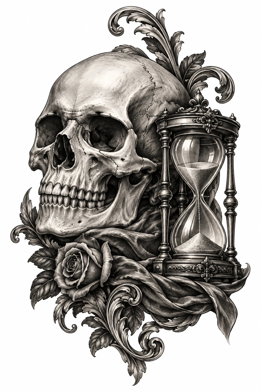 Desenho de tatuagem de Caveira elegante com ampulheta antiga, modelo NR-0504, em preto e cinza.
