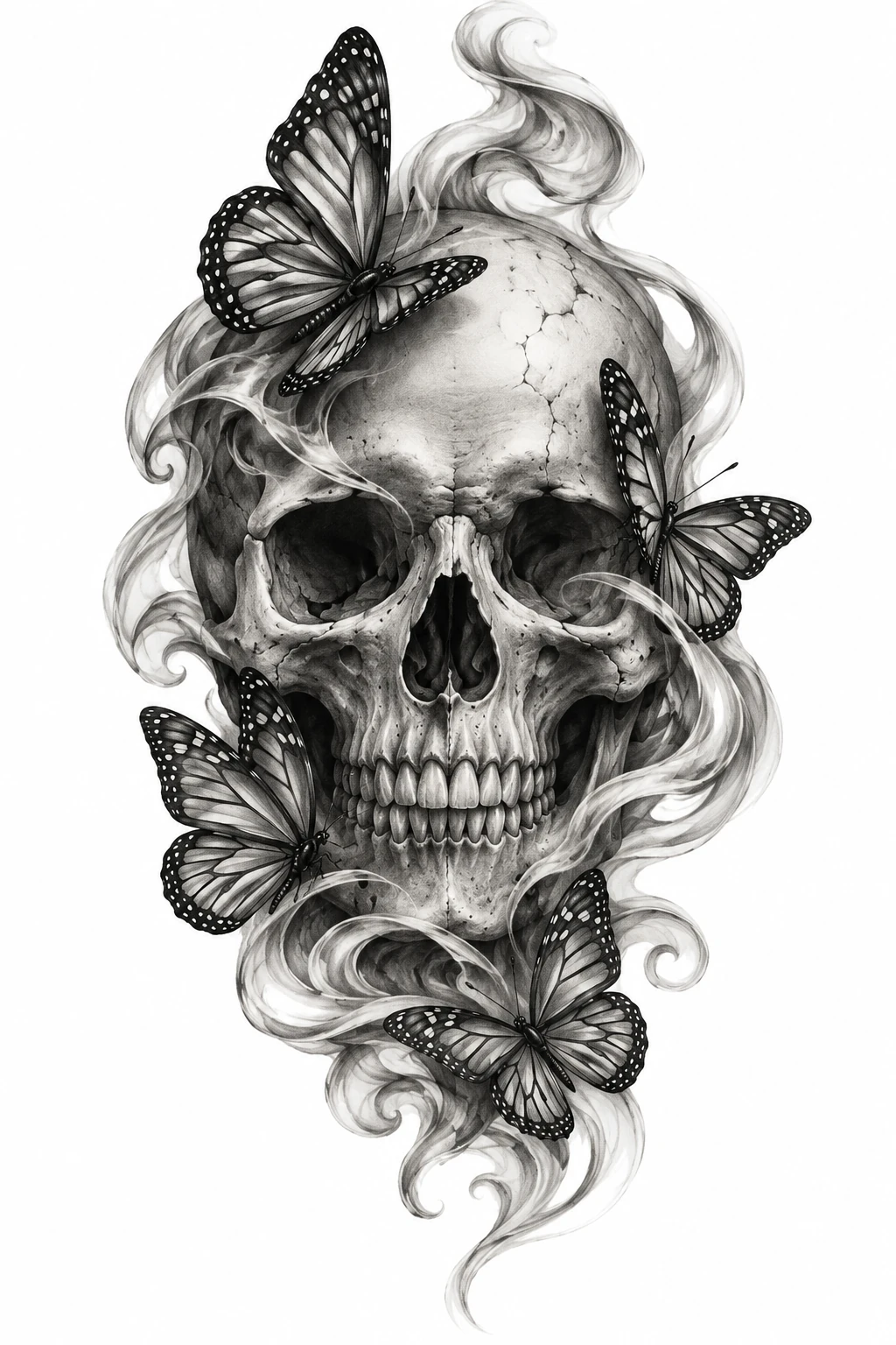 Desenho de tatuagem de Caveira solene com borboletas e fumaça ornamental, modelo NR-0505, em preto e cinza.