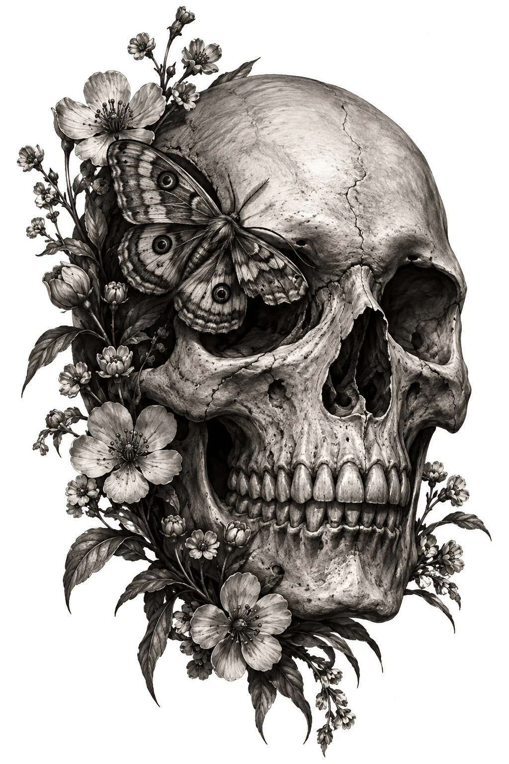 Desenho de tatuagem de Caveira, mariposa e flores silvestres, modelo NR-0506, em preto e cinza.