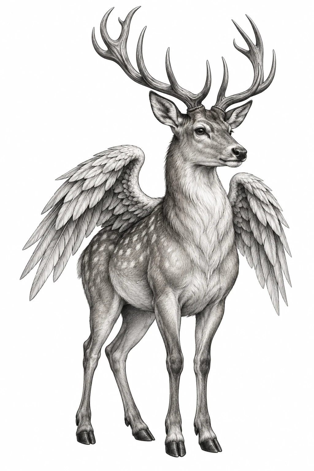Desenho de tatuagem de Cervo alado sereno em preto e cinza, modelo NR-0507, em preto e cinza.