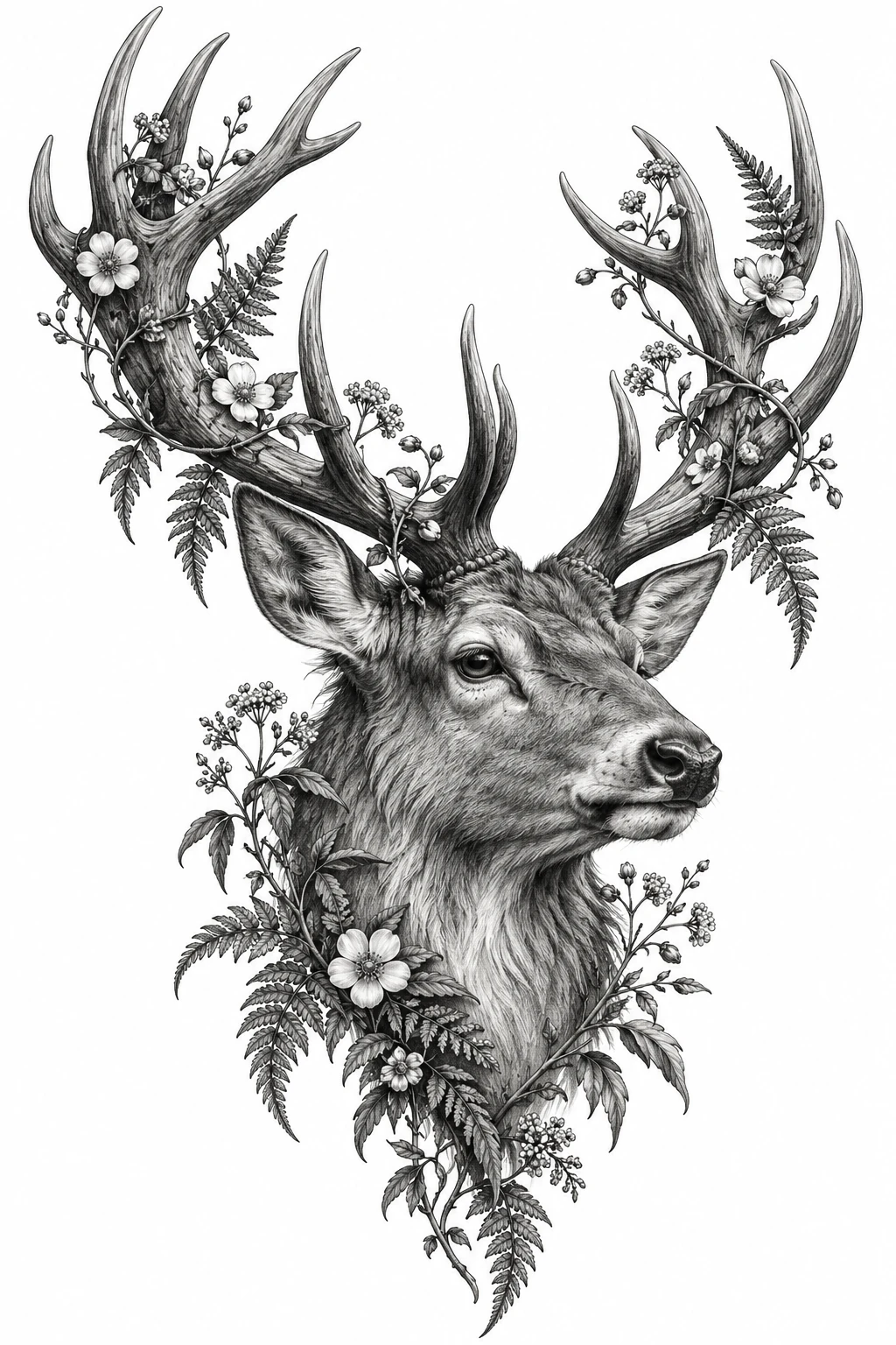 Desenho de tatuagem de Cervo majestoso com flores e samambaias, modelo NR-0509, em preto e cinza.