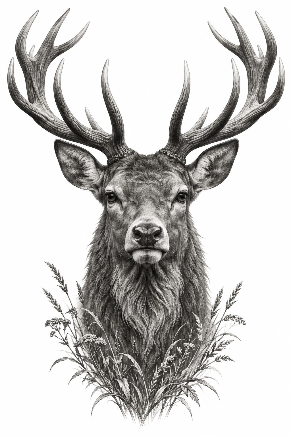 Desenho de tatuagem de Cervo majestoso com galhadas e capim selvagem, modelo NR-0510, em preto e cinza.