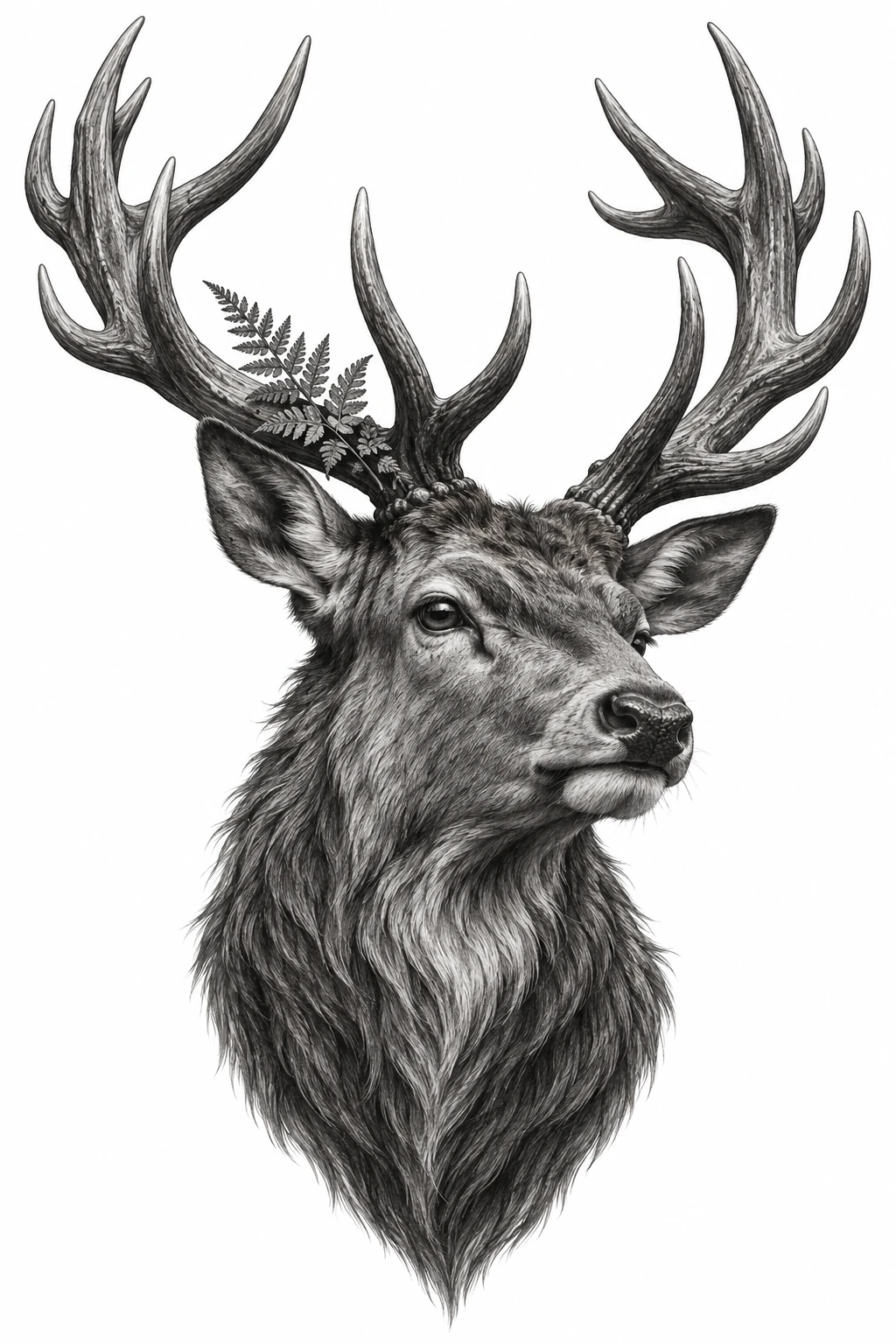 Desenho de tatuagem de Cervo majestoso com galhadas e samambaia, modelo NR-0511, em preto e cinza.