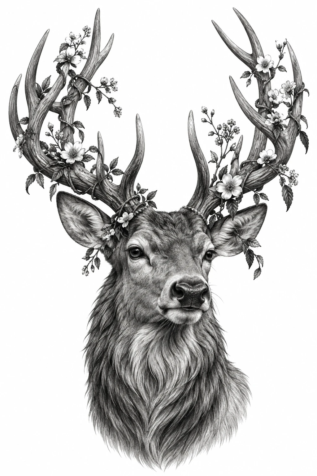 Desenho de tatuagem de Cervo majestoso com galhadas floridas, modelo NR-0512, em preto e cinza.