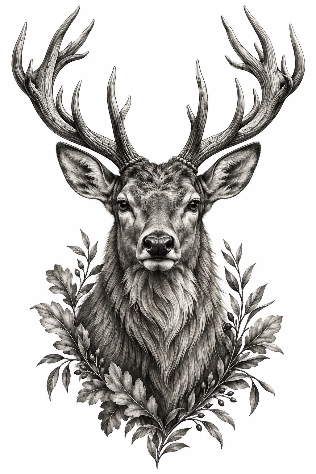Desenho de tatuagem de Cervo majestoso com galhadas ramificadas, modelo NR-0513, em preto e cinza.