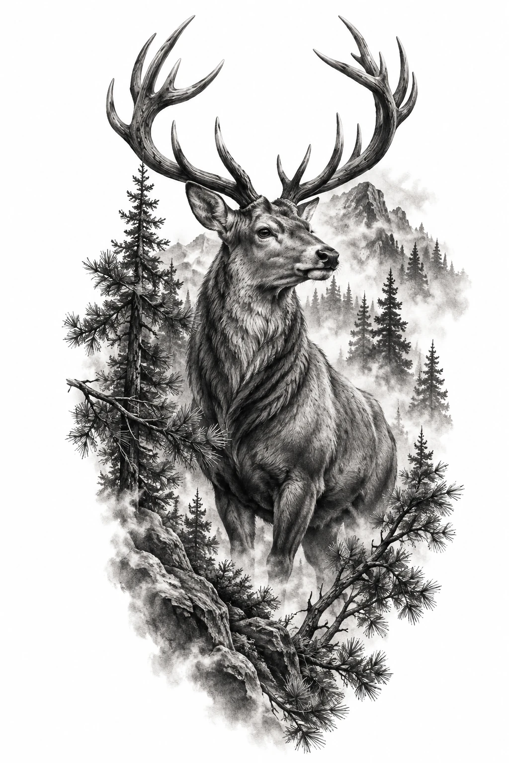 Desenho de tatuagem de Cervo majestoso entre pinheiros e névoa, modelo NR-0514, em preto e cinza.
