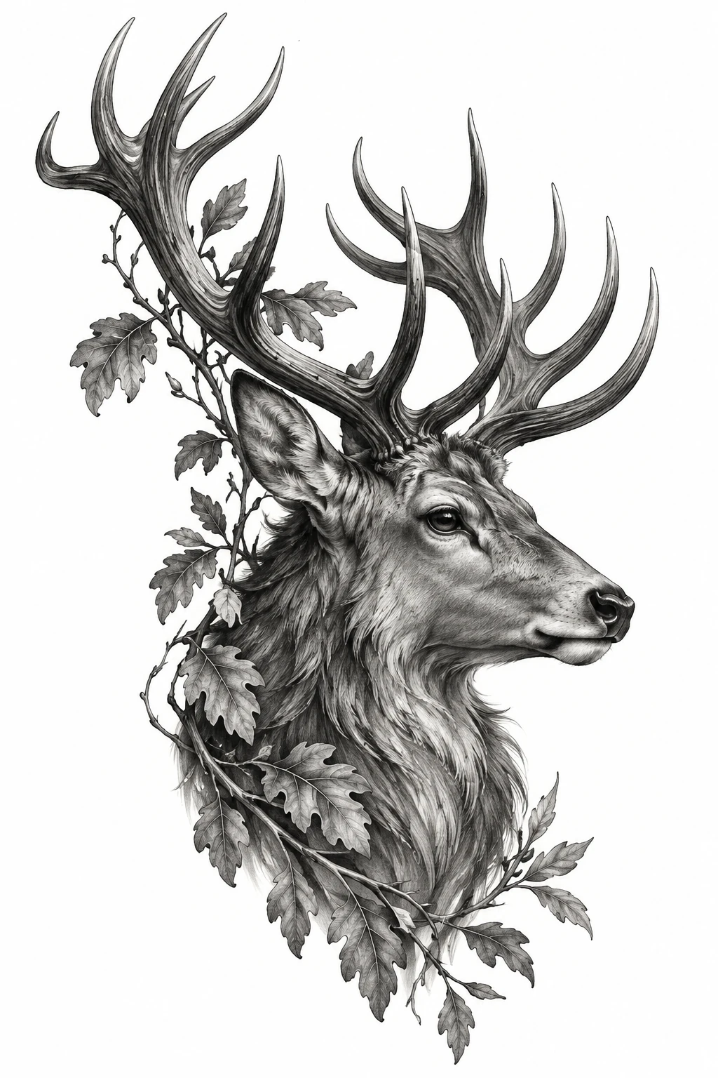 Desenho de tatuagem de Cervo nobre com galhos e folhas, modelo NR-0515, em preto e cinza.
