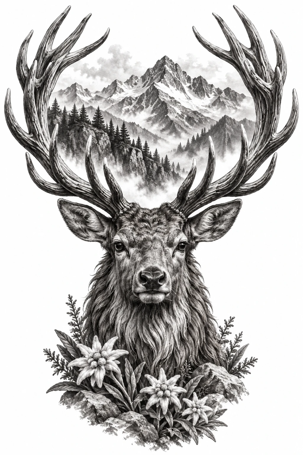 Desenho de tatuagem de Cervo nobre entre montanhas e flores, modelo NR-0516, em preto e cinza.