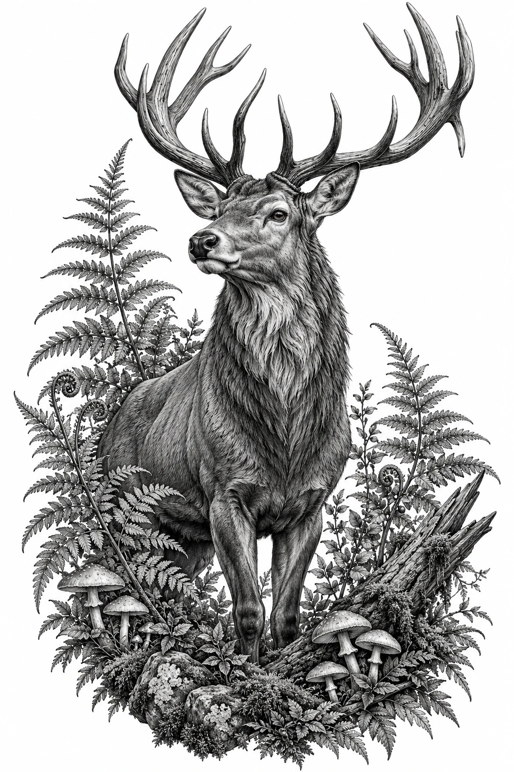 Desenho de tatuagem de Cervo realista entre samambaias e cogumelos, modelo NR-0517, em preto e cinza.