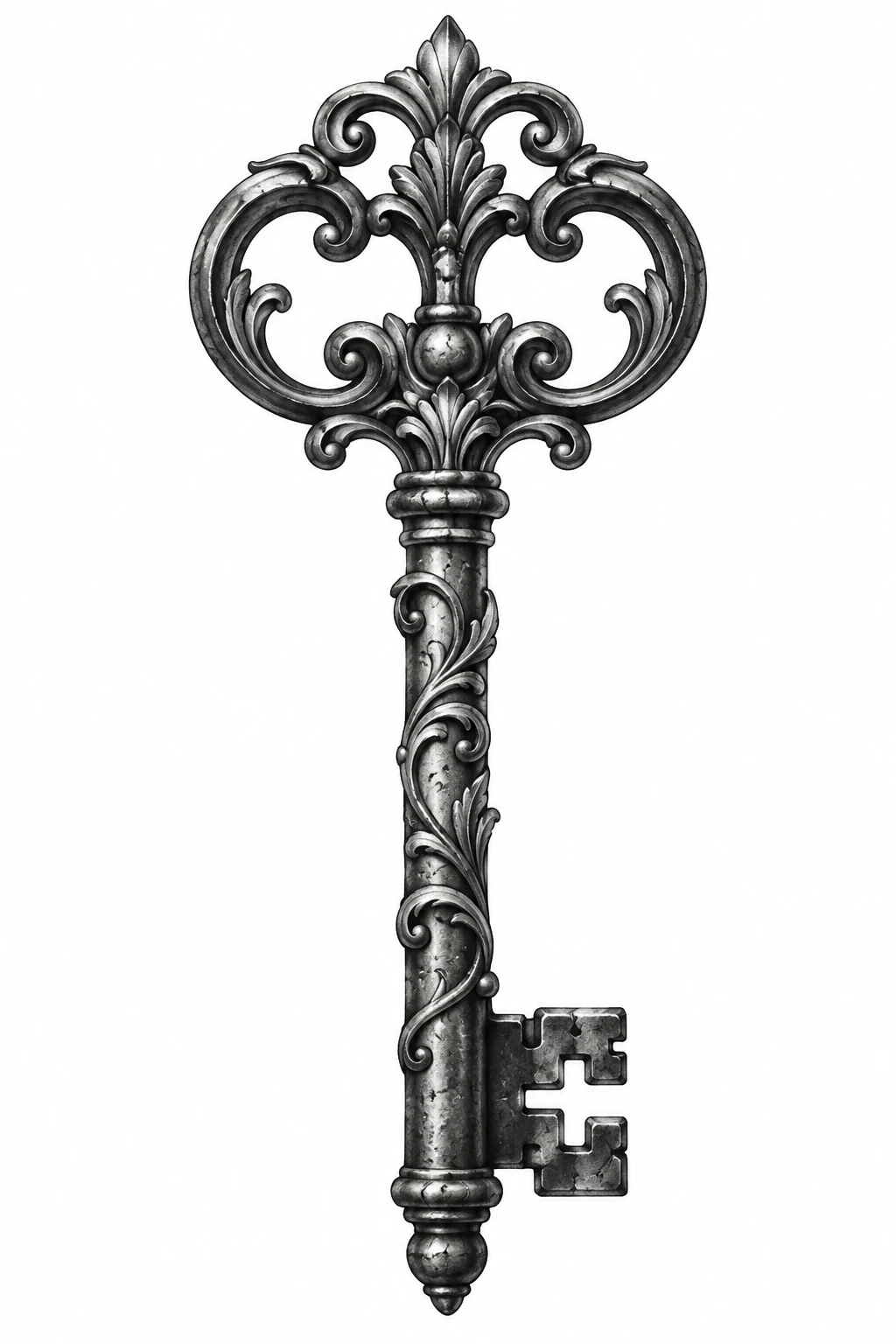 Desenho de tatuagem de Chave antiga com arabescos delicados, modelo NR-0518, em preto e cinza.