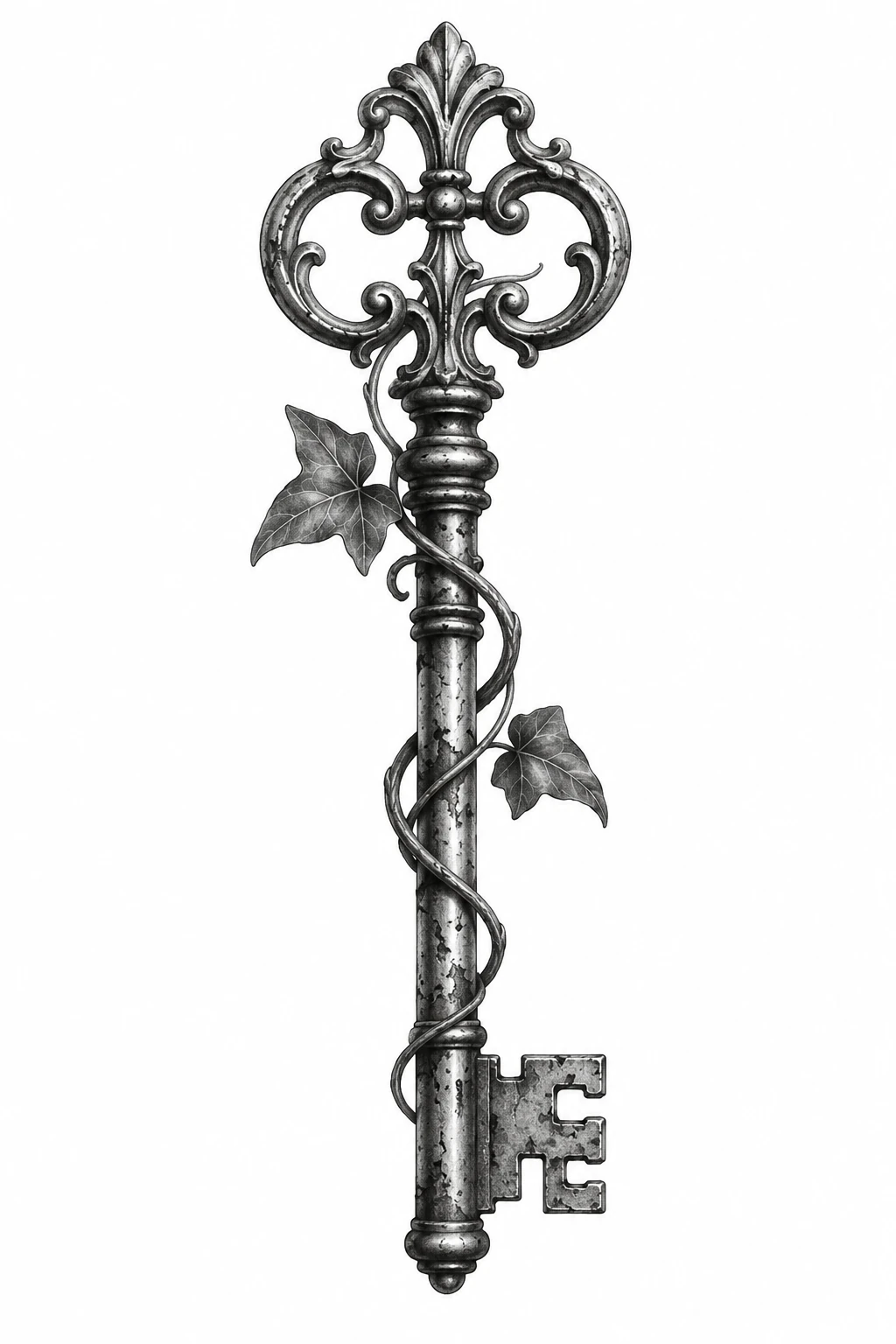 Desenho de tatuagem de Chave antiga envolta em hera, modelo NR-0519, em preto e cinza.