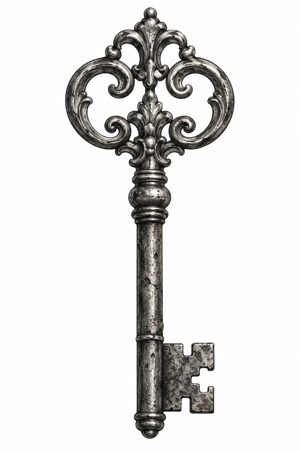 Desenho de tatuagem de Chave esqueleto antiga ornamentada, modelo NR-0520, em preto e cinza.