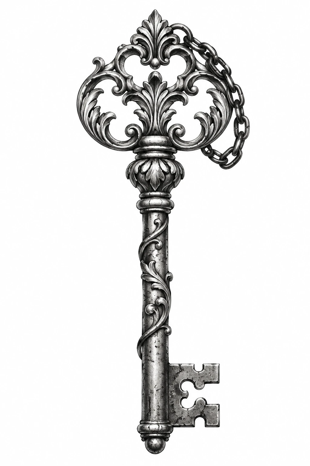 Desenho de tatuagem de Chave esqueleto ornamentada com corrente, modelo NR-0521, em preto e cinza.