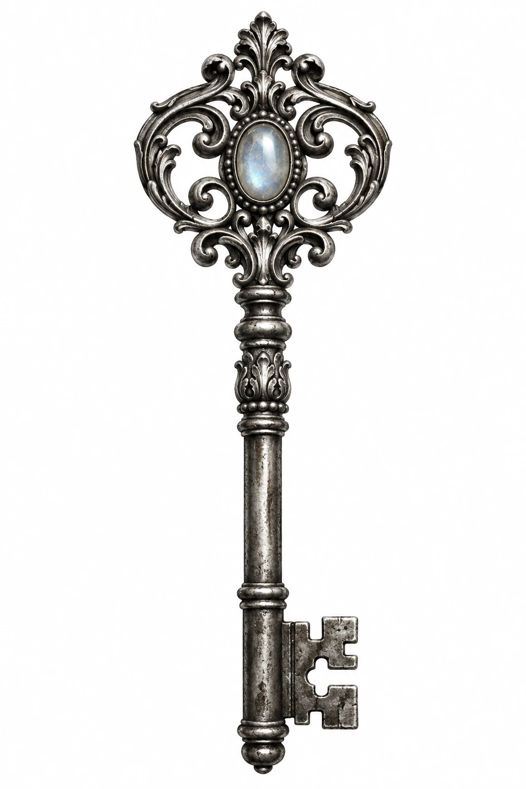 Desenho de tatuagem de Chave esqueleto ornamentada com pedra lunar, modelo NR-0522, em preto e cinza.