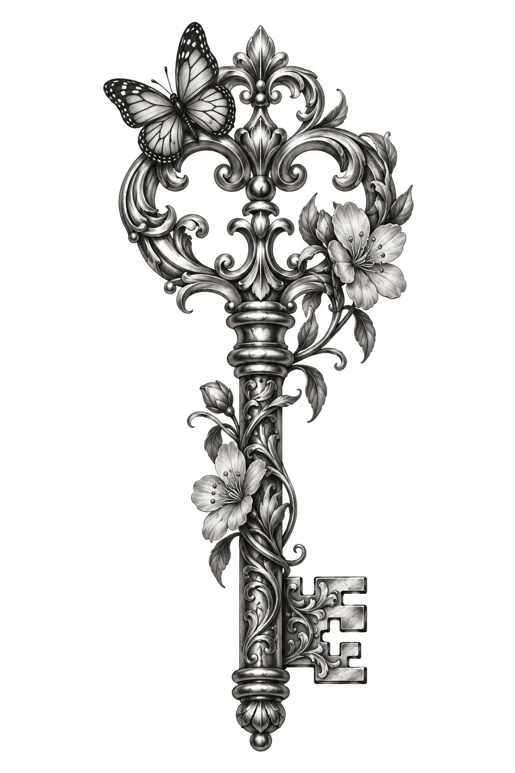 Desenho de tatuagem de Chave ornamentada com borboleta, modelo NR-0523, em preto e cinza.