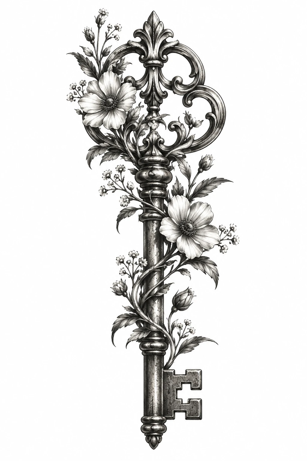 Desenho de tatuagem de Chave ornamentada com flores silvestres, modelo NR-0524, em preto e cinza.