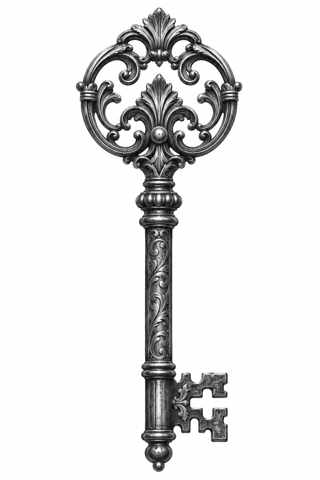 Desenho de tatuagem de Chave vitoriana ornamentada em grafite, modelo NR-0525, em preto e cinza.