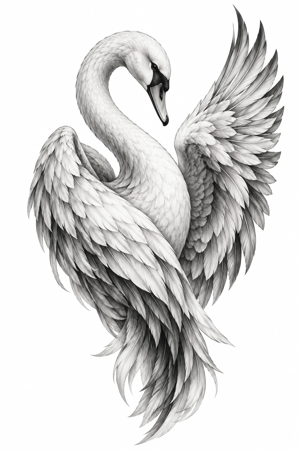 Desenho de tatuagem de Cisne elegante de asas erguidas, modelo NR-0526, em preto e cinza.