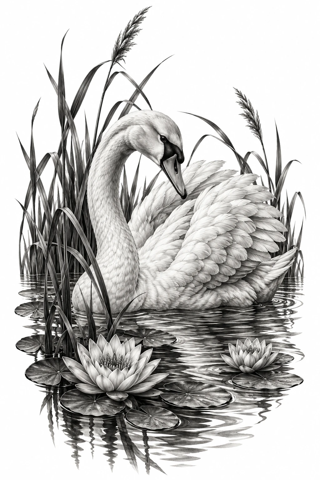 Desenho de tatuagem de Cisne entre juncos e nenúfares, modelo NR-0527, em preto e cinza.