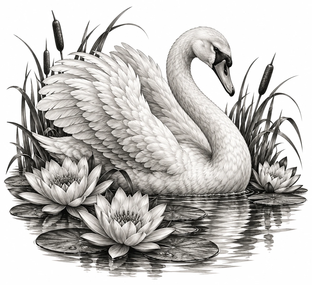 Desenho de tatuagem de Cisne entre nenúfares e juncos, modelo NR-0528, em preto e cinza.