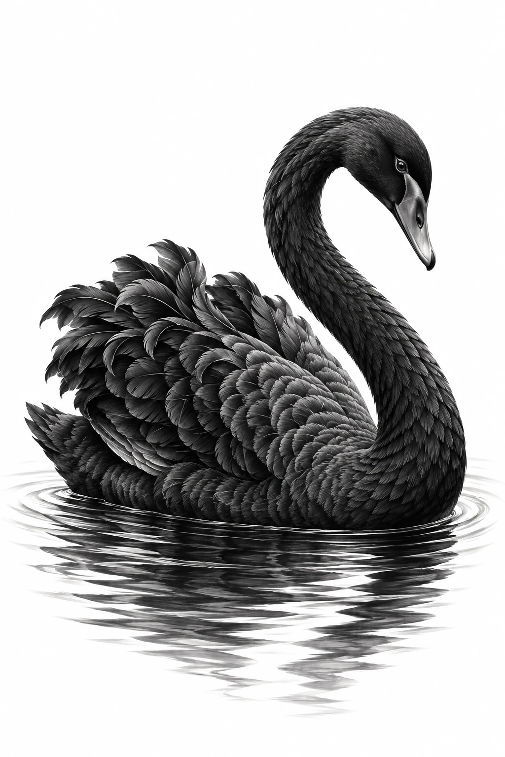 Desenho de tatuagem de Cisne negro em águas serenas, modelo NR-0529, em preto e cinza.