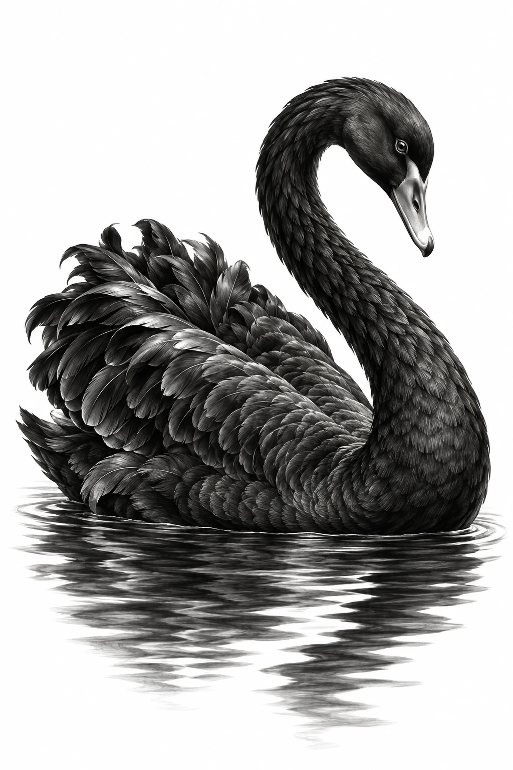 Desenho de tatuagem de Cisne negro sobre águas serenas, modelo NR-0530, em preto e cinza.