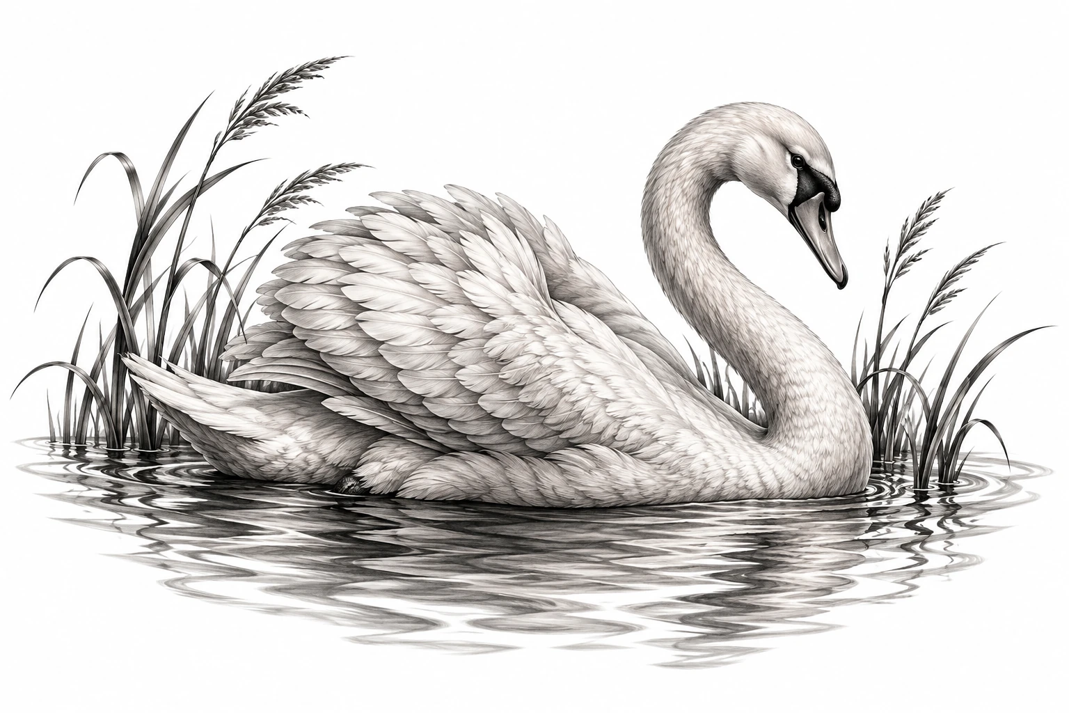 Desenho de tatuagem de Cisne sereno entre juncos, modelo NR-0531, em preto e cinza.