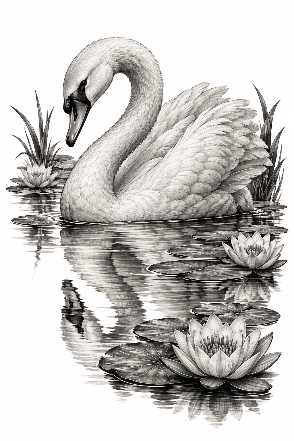 Desenho de tatuagem de Cisne sereno entre nenúfares, modelo NR-0532, em preto e cinza.