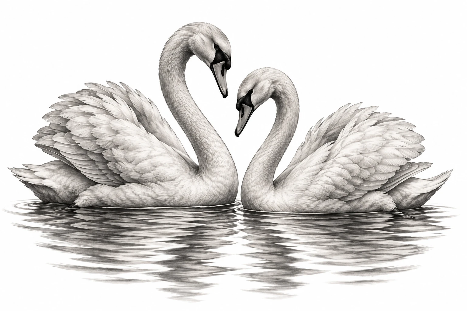 Desenho de tatuagem de Cisnes em harmonia sobre águas calmas, modelo NR-0533, em preto e cinza.