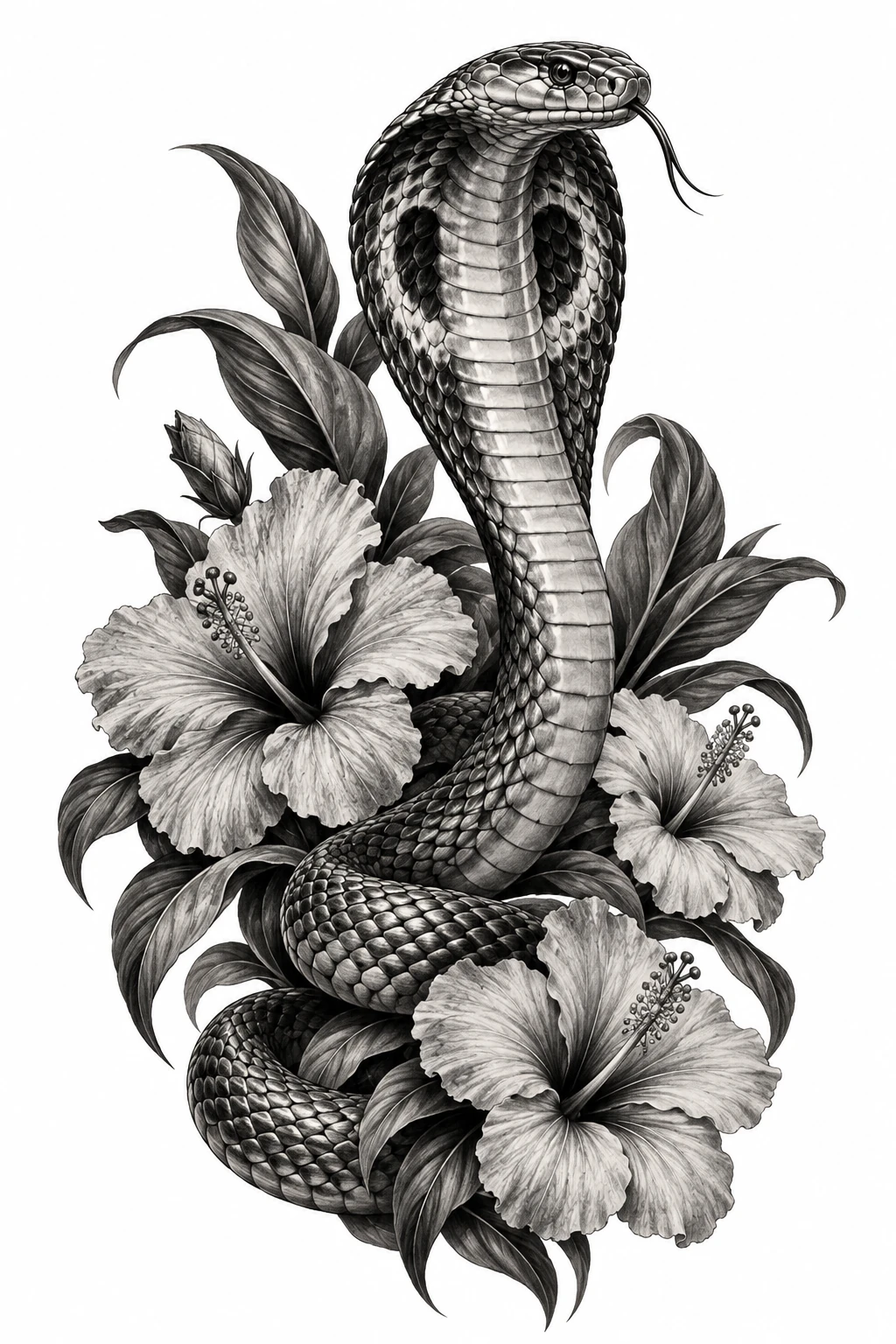 Desenho de tatuagem de Cobra entre hibiscos em preto e cinza, modelo NR-0534, em preto e cinza.