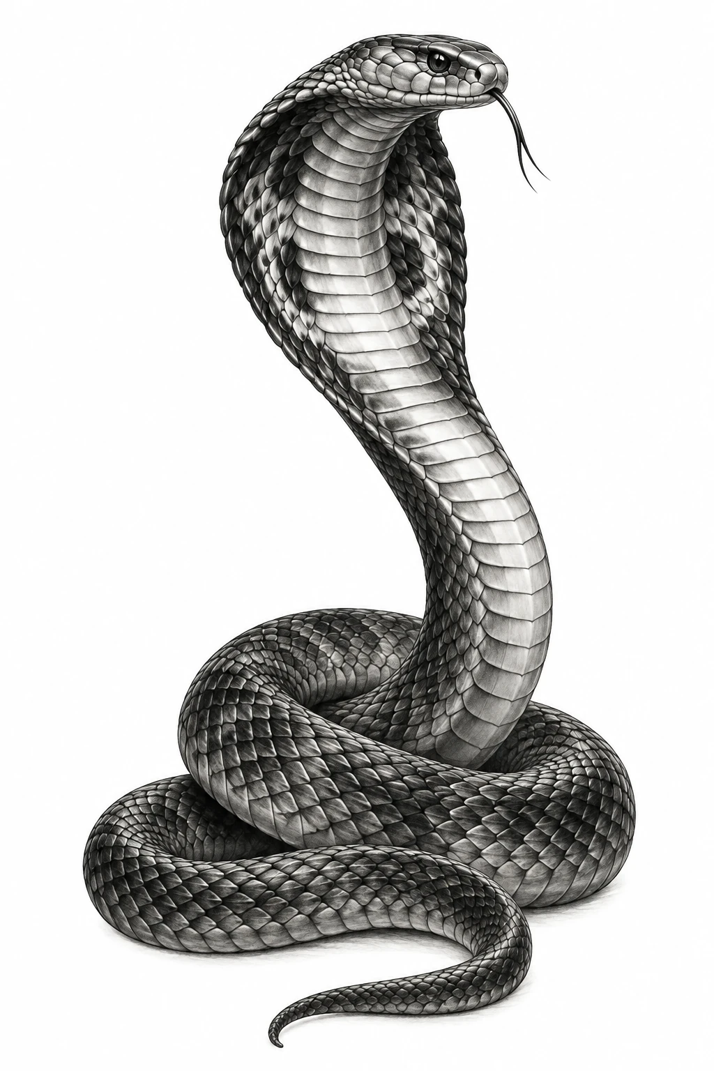 Desenho de tatuagem de Cobra-rei realista em curva elegante, modelo NR-0535, em preto e cinza.