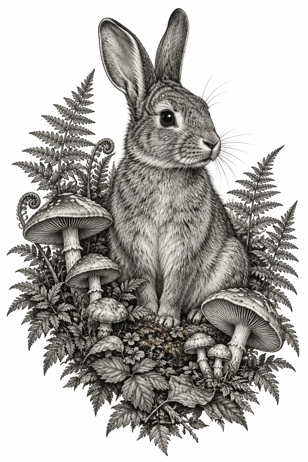 Desenho de tatuagem de Coelho silvestre entre cogumelos e samambaias, modelo NR-0536, em preto e cinza.