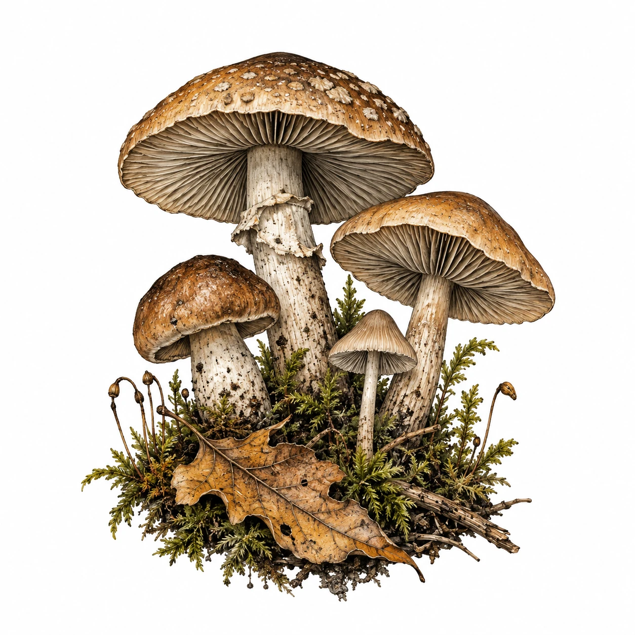 Desenho de tatuagem de Cogumelos do bosque, musgo e folha, modelo NR-0537, em preto e cinza.