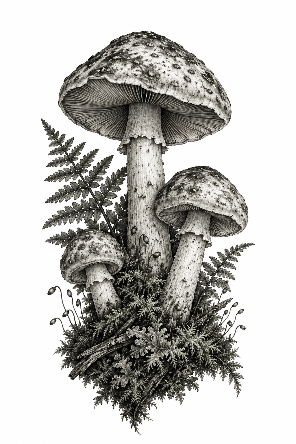 Desenho de tatuagem de Cogumelos silvestres com musgo e samambaias, modelo NR-0538, em preto e cinza.