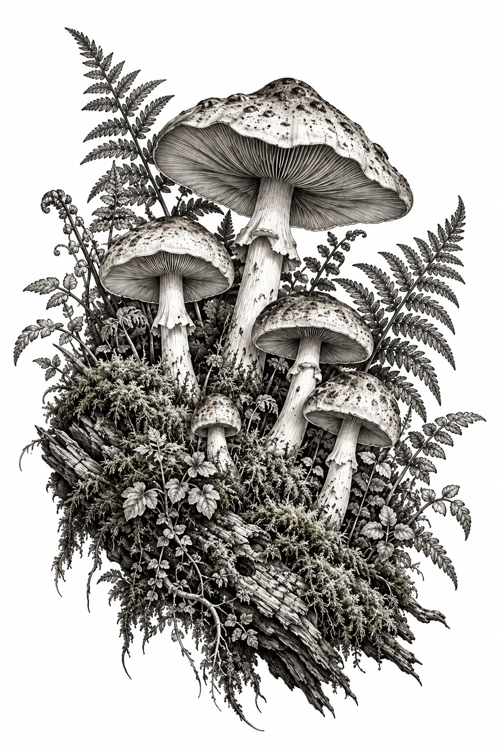 Desenho de tatuagem de Cogumelos silvestres entre musgo e samambaias, modelo NR-0539, em preto e cinza.