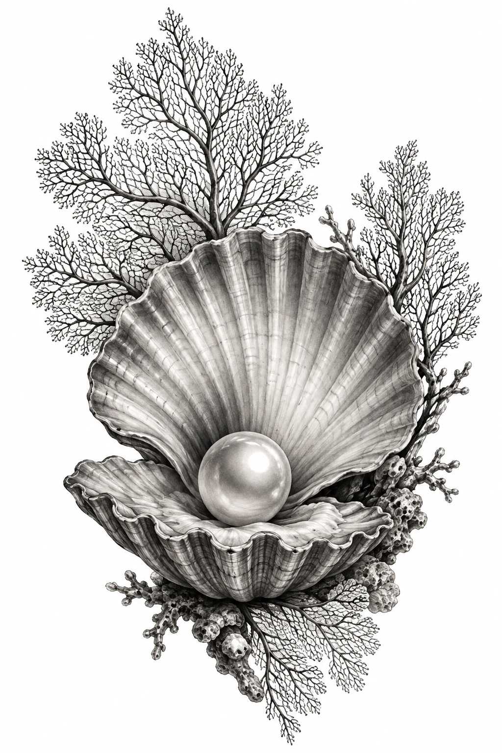 Desenho de tatuagem de Concha com pérola e ramos marinhos, modelo NR-0542, em preto e cinza.