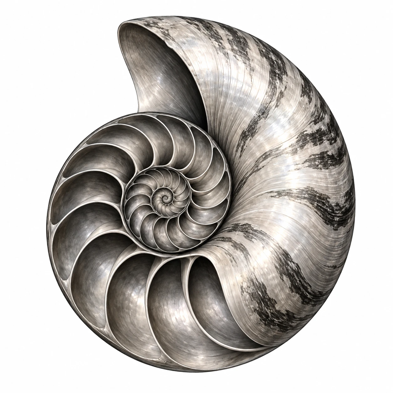 Desenho de tatuagem de Concha de náutilo em espiral, modelo NR-0543, em preto e cinza.