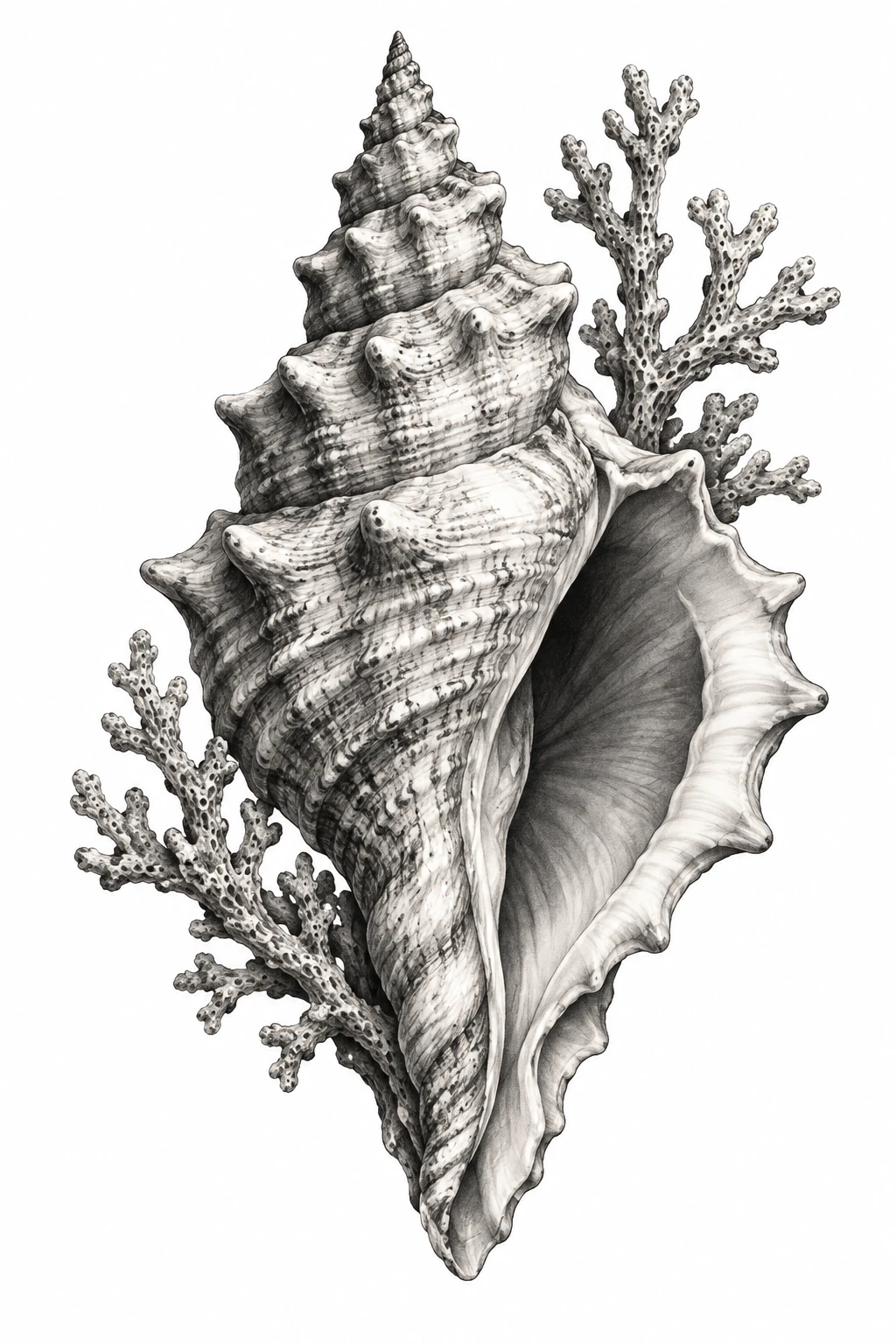 Desenho de tatuagem de Concha espiral com ramos de coral, modelo NR-0544, em preto e cinza.