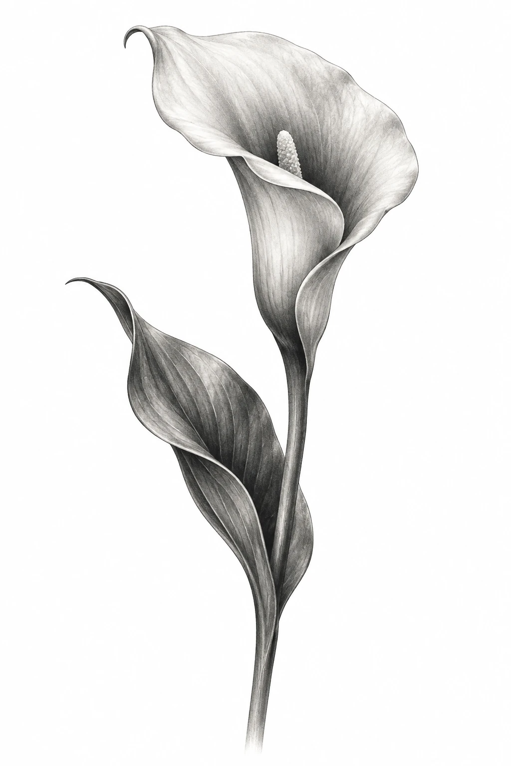 Desenho de tatuagem de Copo-de-leite em grafite, modelo NR-0545, em preto e cinza.