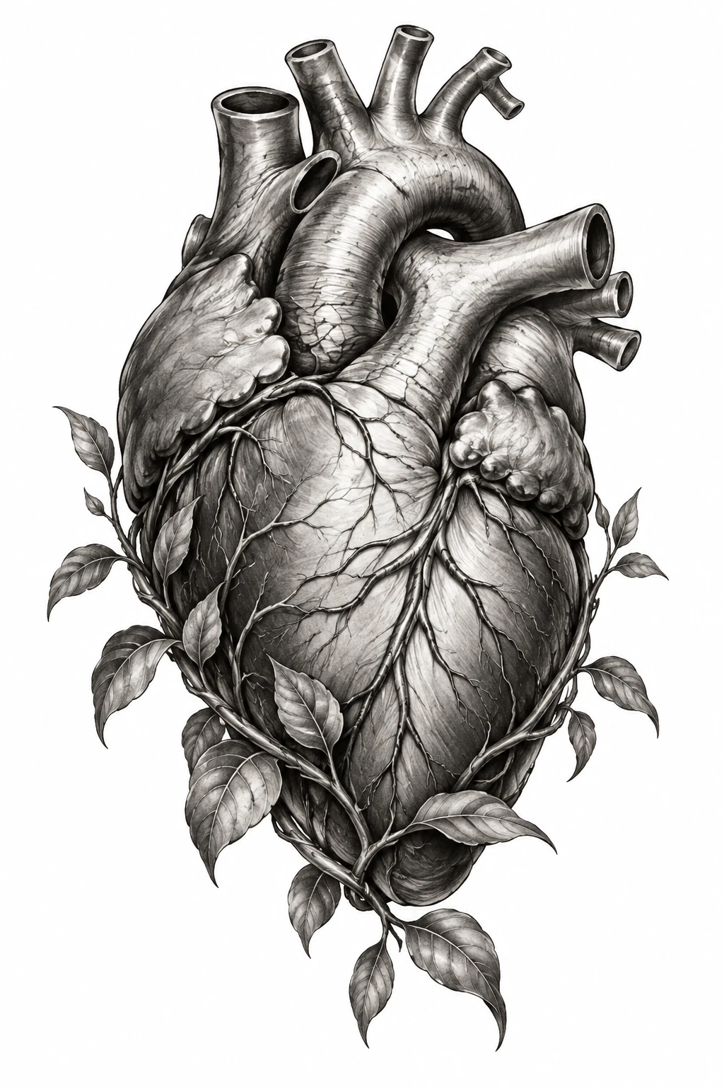 Desenho de tatuagem de Coração anatômico com folhas delicadas(3), modelo NR-0546, em preto e cinza.