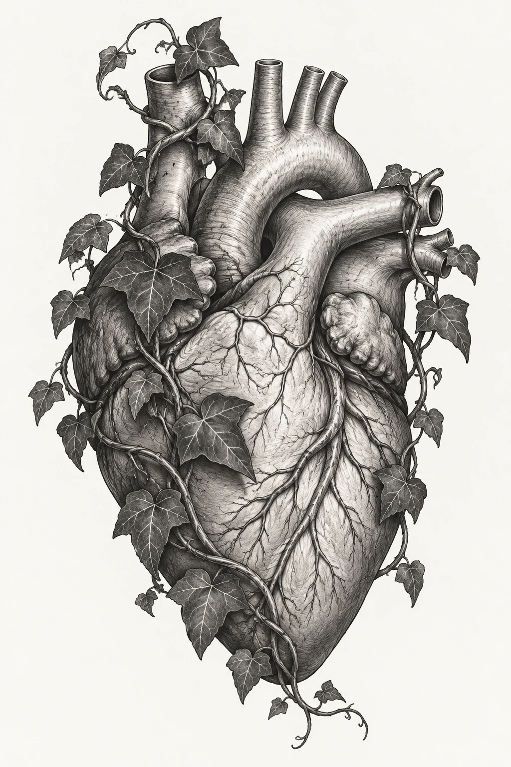Desenho de tatuagem de Coração anatômico com hera delicada, modelo NR-0547, em preto e cinza.