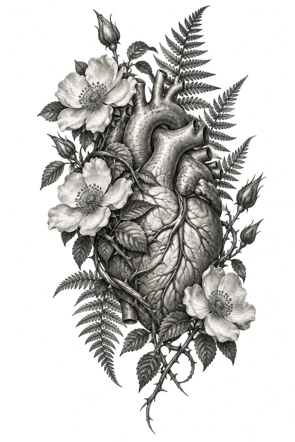 Desenho de tatuagem de Coração anatômico com rosas e samambaias, modelo NR-0549, em preto e cinza.