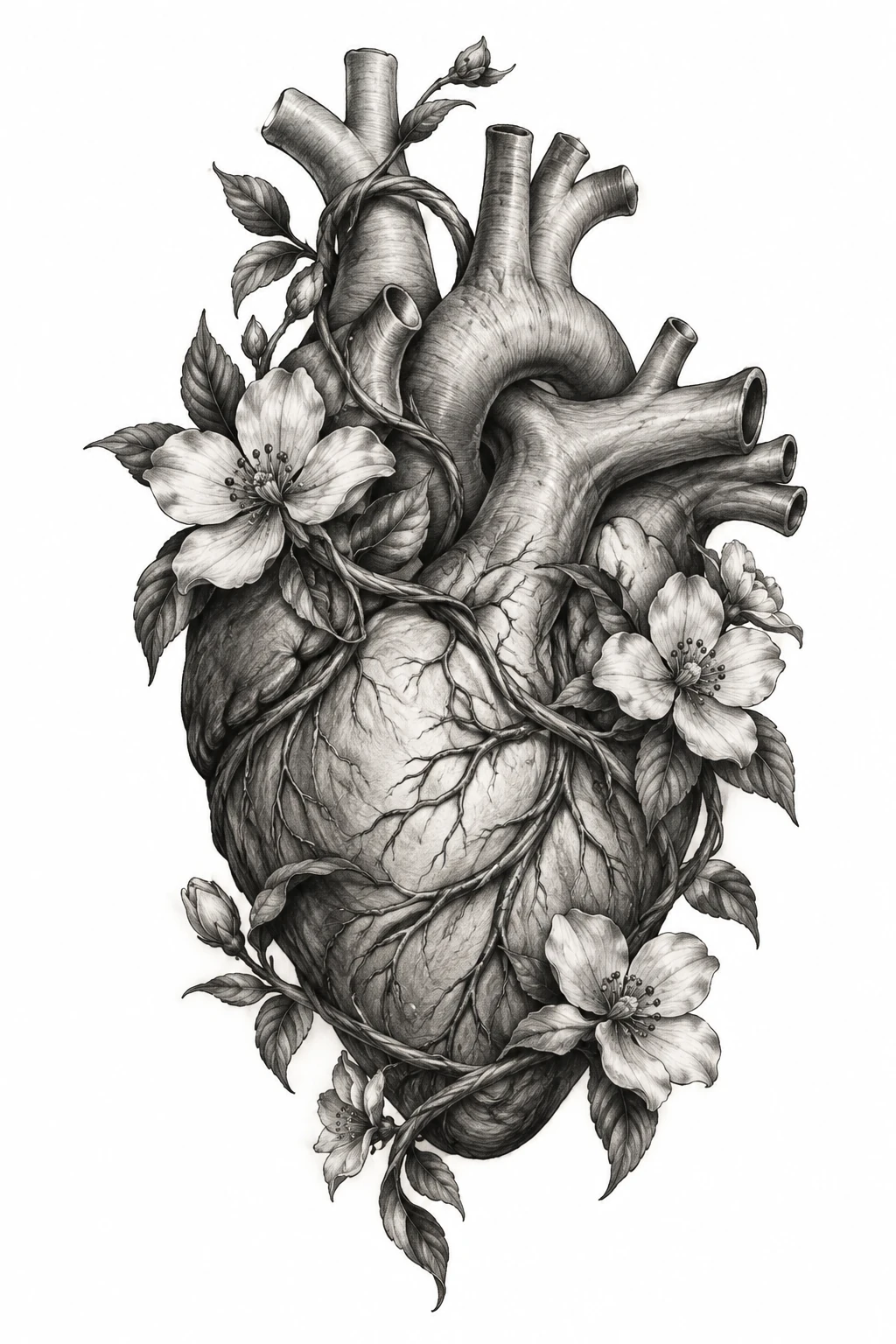 Desenho de tatuagem de Coração anatômico com videira florida, modelo NR-0550, em preto e cinza.