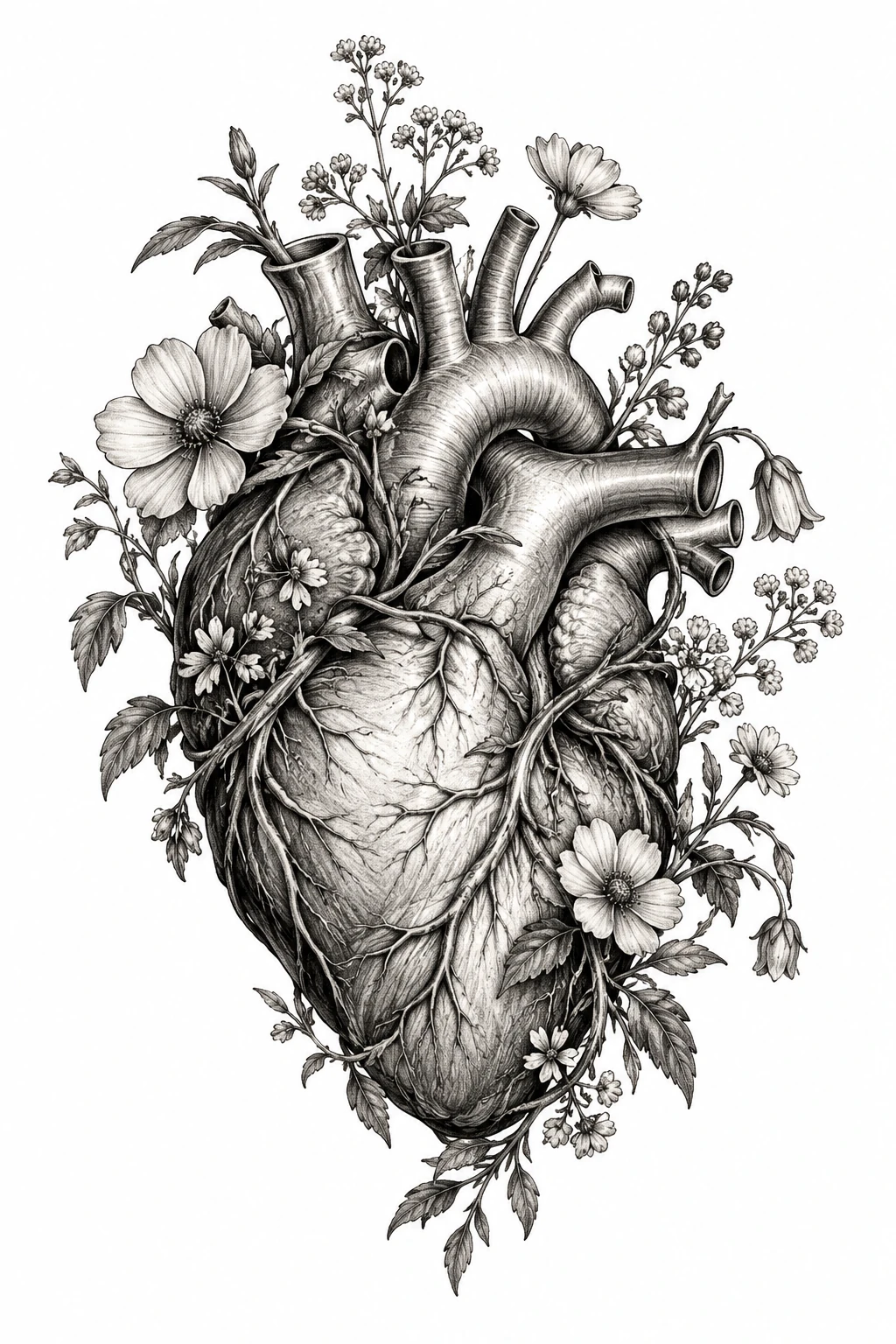 Desenho de tatuagem de Coração anatômico entre flores silvestres, modelo NR-0551, em preto e cinza.