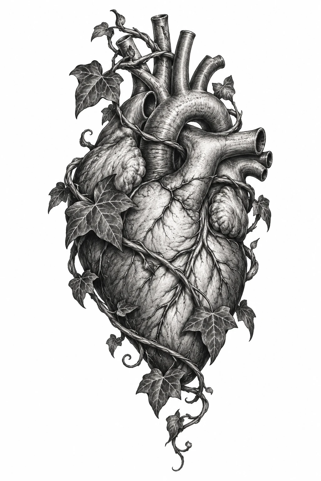 Desenho de tatuagem de Coração anatômico entre heras, modelo NR-0552, em preto e cinza.