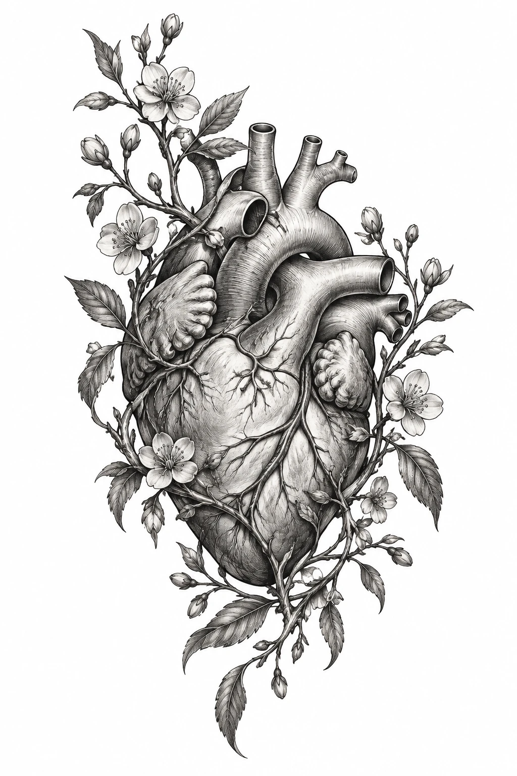 Desenho de tatuagem de Coração anatômico entre ramos floridos, modelo NR-0553, em preto e cinza.