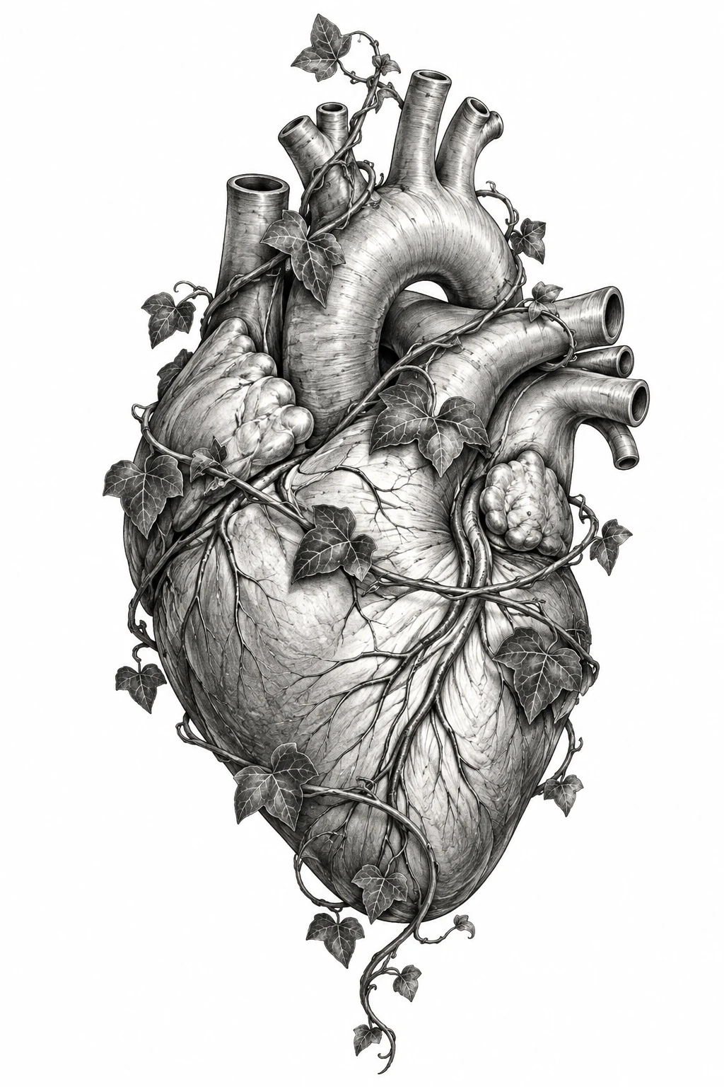 Desenho de tatuagem de Coração anatômico envolto em hera(1), modelo NR-0554, em preto e cinza.