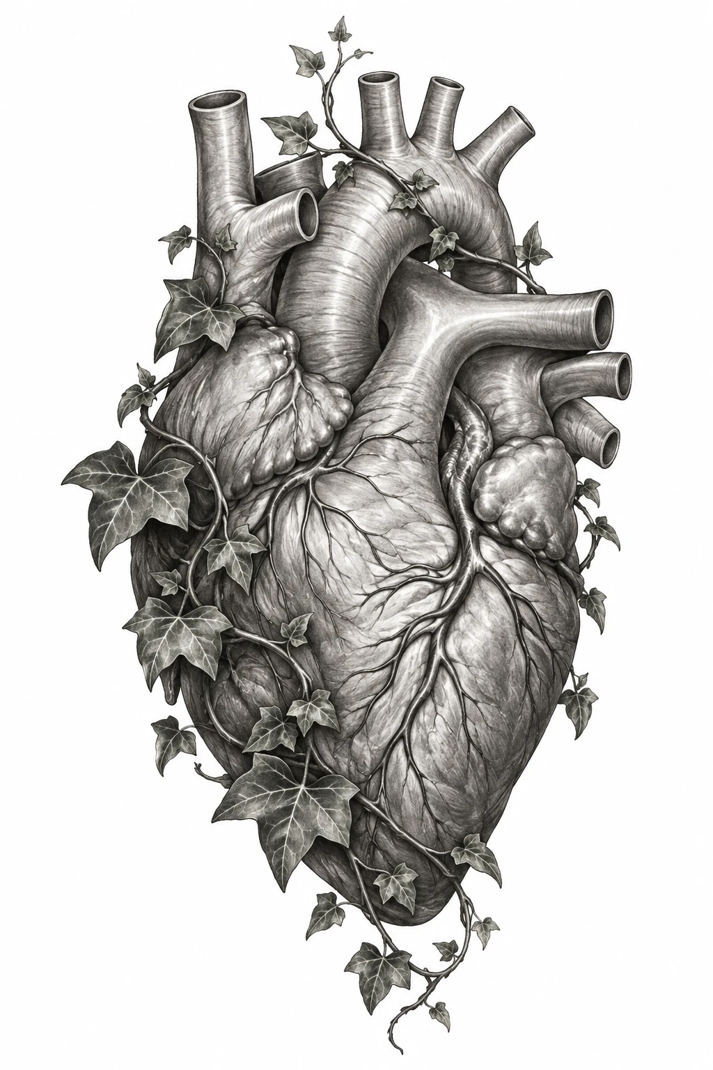 Desenho de tatuagem de Coração anatômico envolto em hera, modelo NR-0555, em preto e cinza.