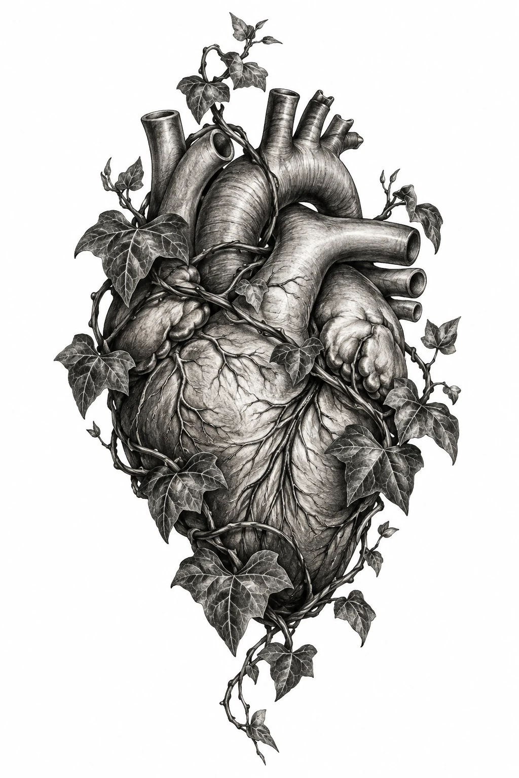 Desenho de tatuagem de Coração anatômico envolto por hera, modelo NR-0556, em preto e cinza.