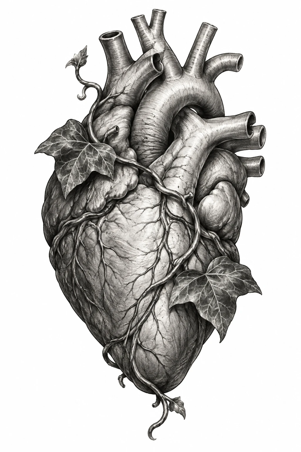 Desenho de tatuagem de Coração realista entrelaçado com hera, modelo NR-0557, em preto e cinza.